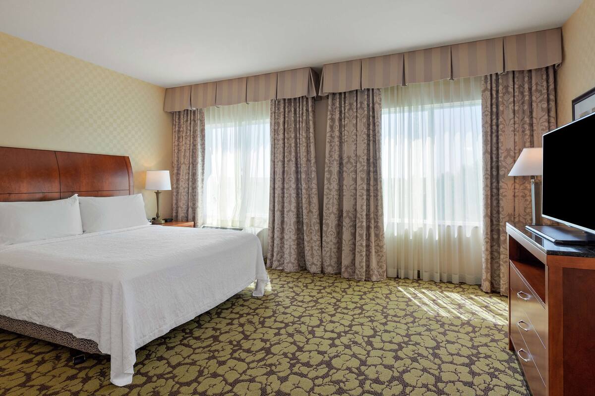 A hotel room with a large bed, two bedside tables, a flat-screen TV, and a patterned carpet.