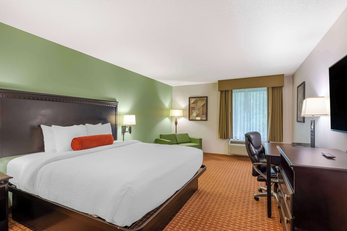 A hotel room with a large bed, a desk, a chair, a green sofa, and a TV.