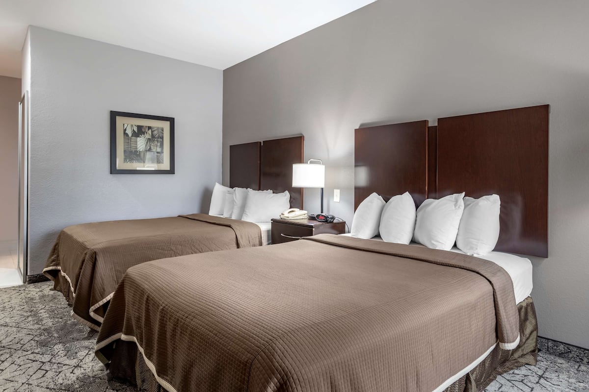 A hotel room with two beds, a nightstand, a lamp, and a framed picture on the wall.
