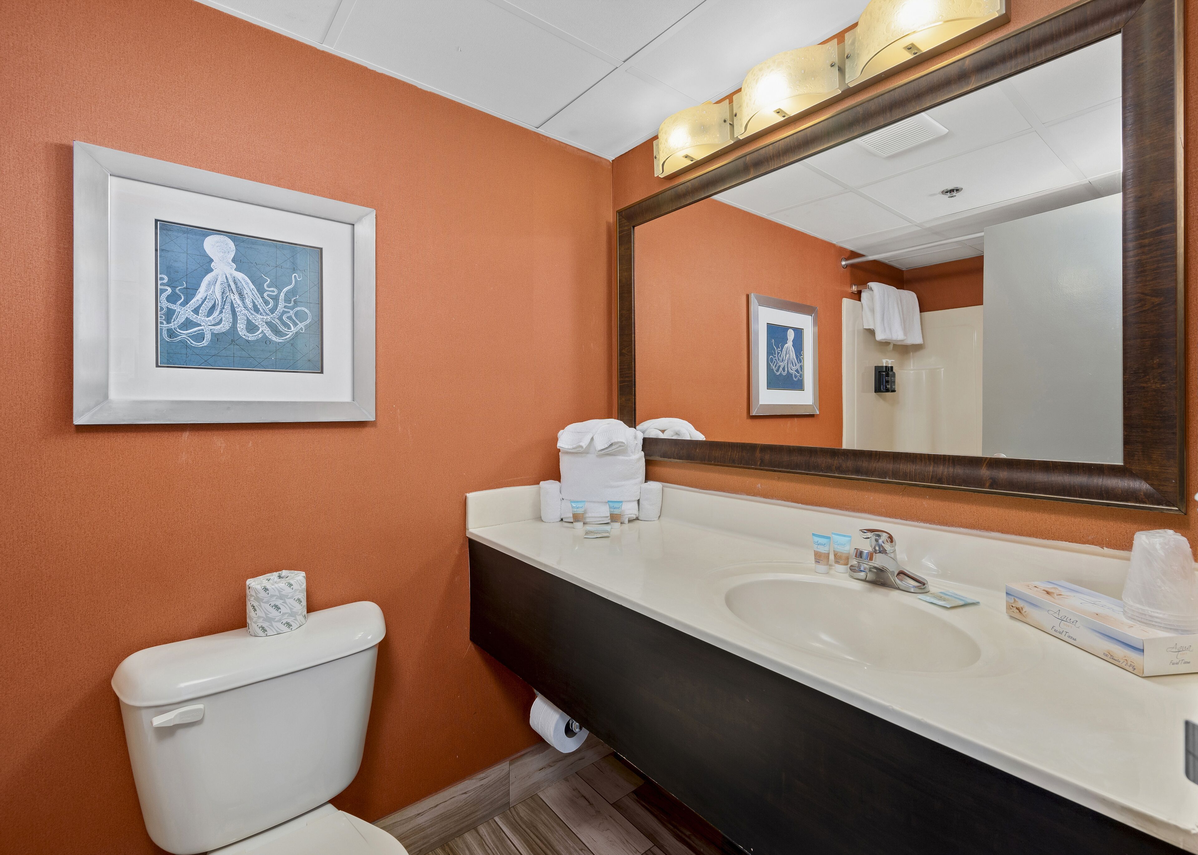 A bathroom with a white toilet, a sink with toiletries, and framed artwork on the wall.