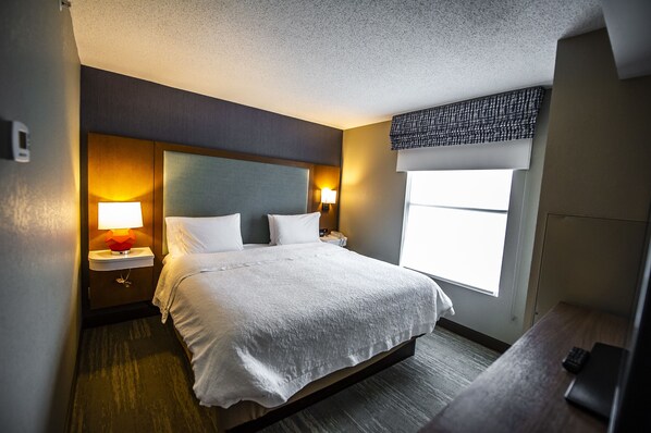A hotel room with a large bed, two bedside lamps, a nightstand, a desk, and a window with a view. - Hampton Inn South Kingstown - Newport Area (South Kingstown)