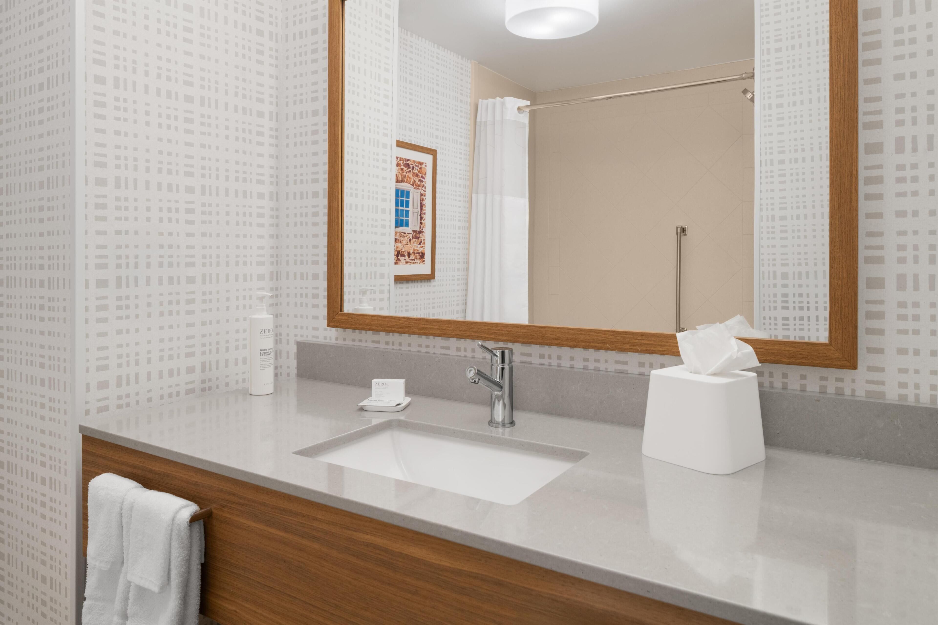 A bathroom with a large mirror, a sink, a towel rack, and a framed picture on the wall.