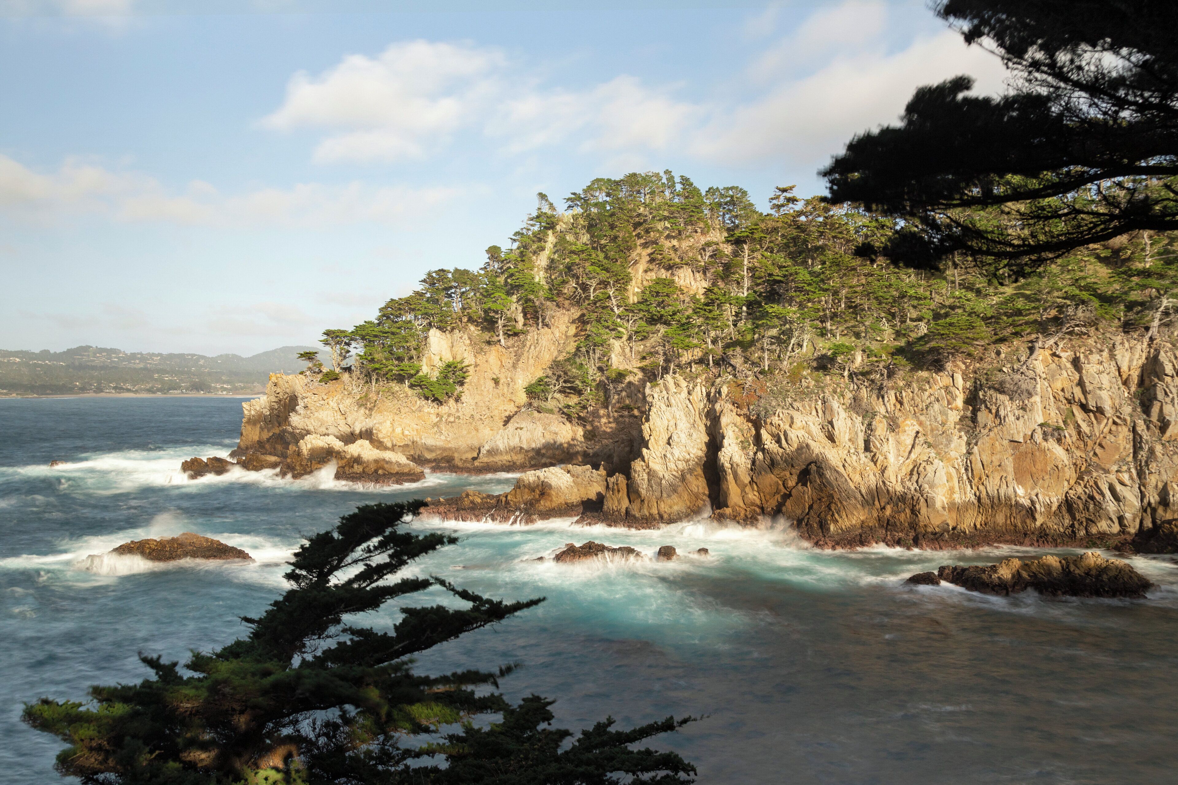 A coastal landscape with rocky cliffs, trees, and waves.