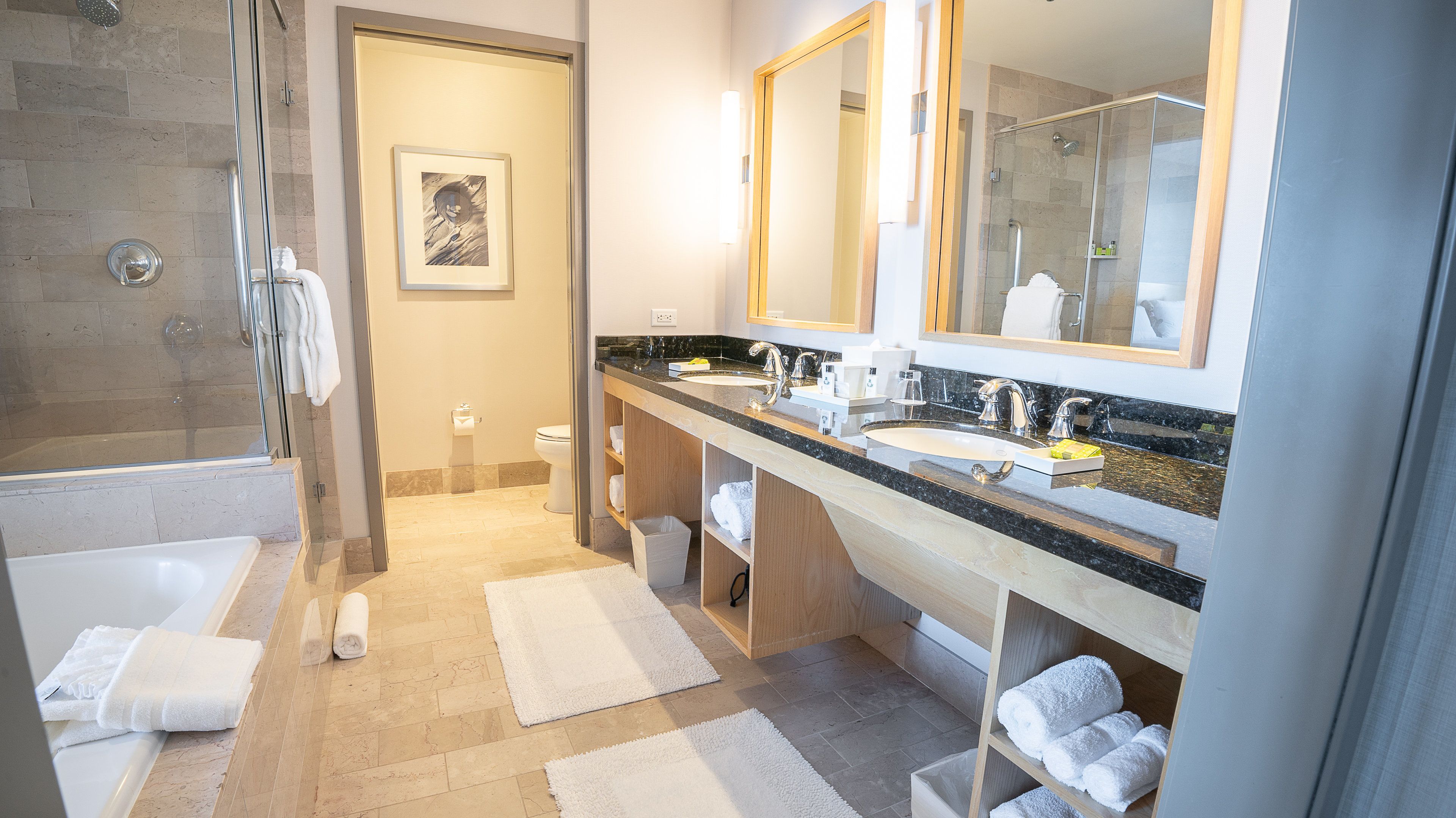 separate bathtub and shower, designer toiletries, hair dryer, bathrobes