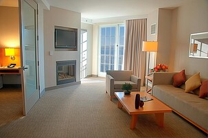 Habitación de hotel con sofá, mesa de centro, televisor, chimenea y un ventanal con cortinas.
