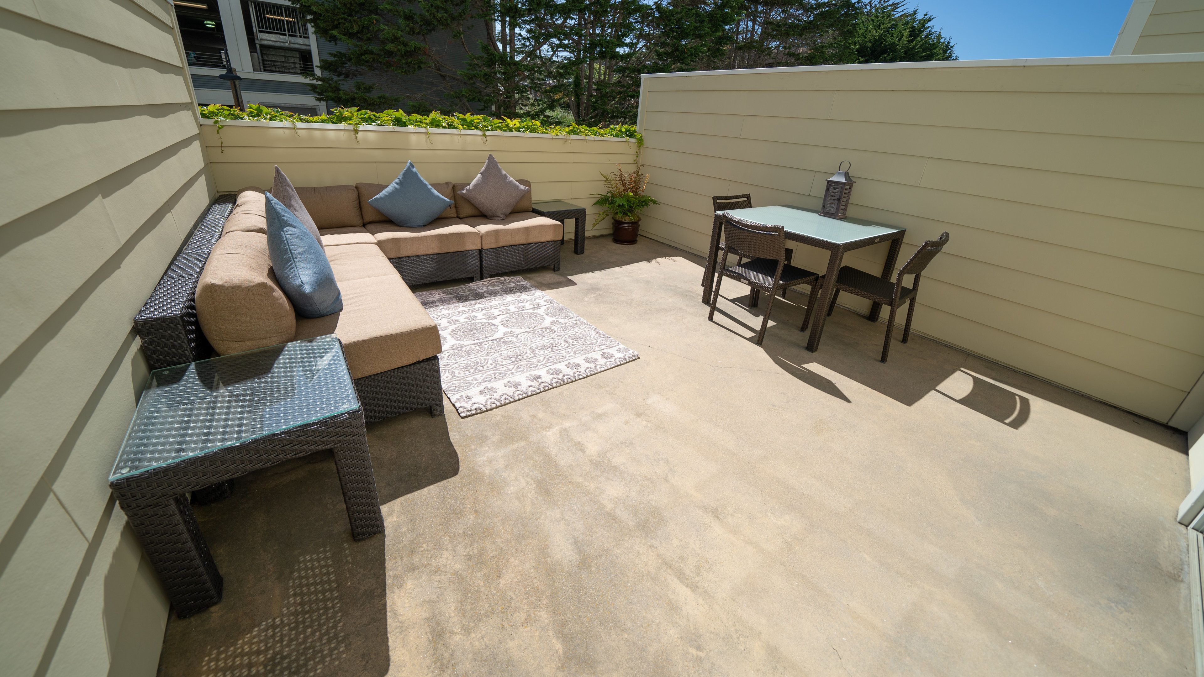 A patio with a sofa, chairs, a table, and a potted plant.
