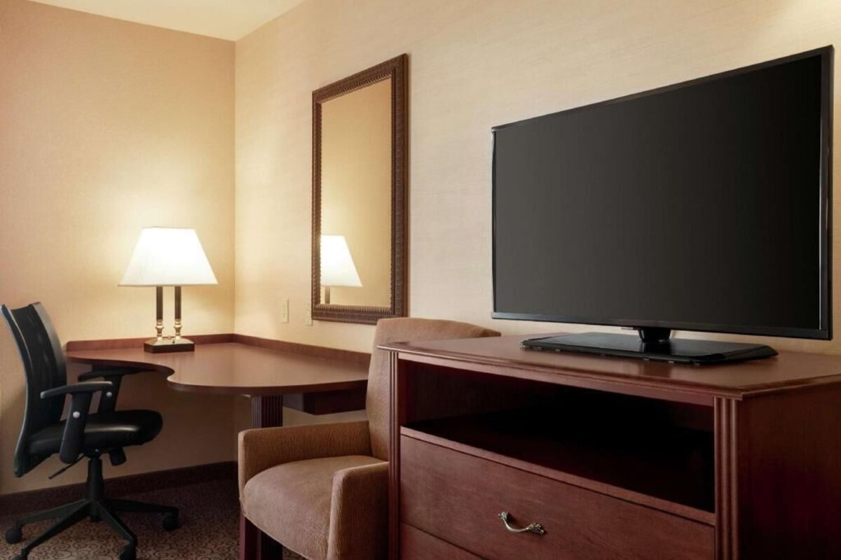 A hotel room with a desk, a chair, a television on a wooden stand, a lamp, and a mirror.