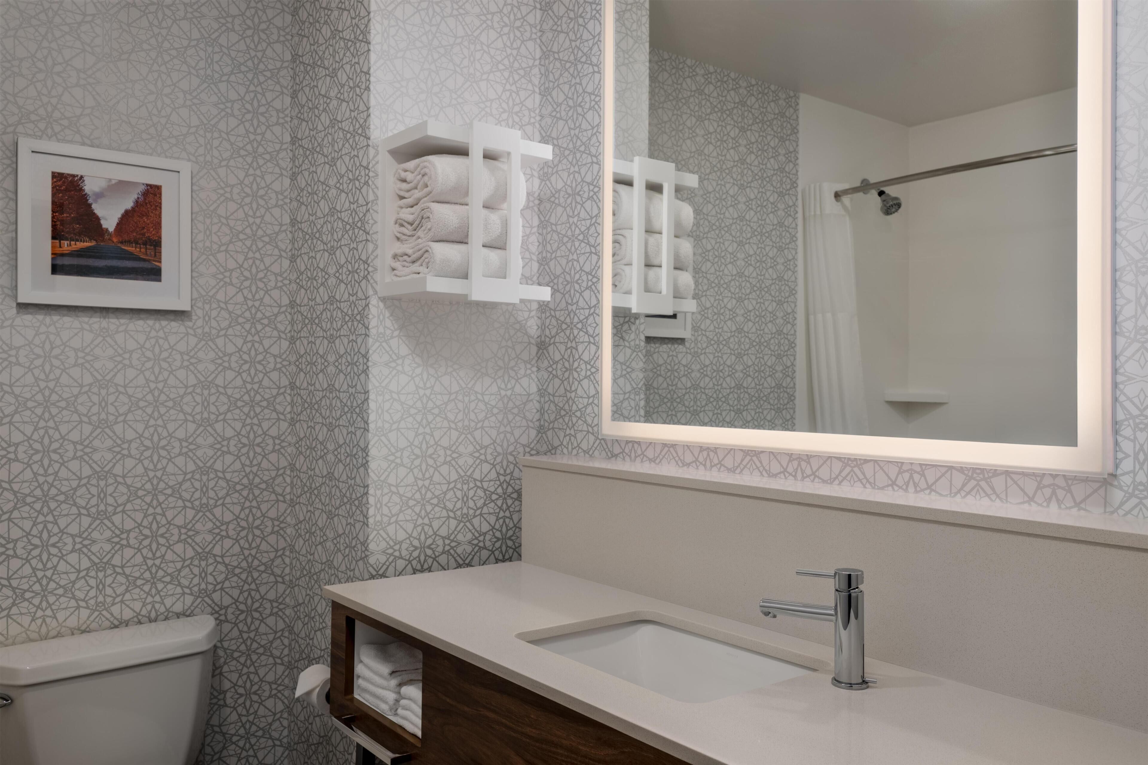 A bathroom with a patterned wall, a framed picture, a towel rack, a sink, and a shower.