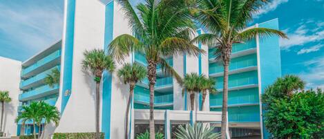 A modern hotel with a blue and white facade, multiple floors, and palm trees in the foreground.