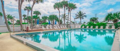 A rectangular swimming pool with a tiled edge, surrounded by palm trees and lounge chairs.
