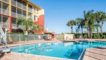 Outdoor pool, pool umbrellas, pool loungers