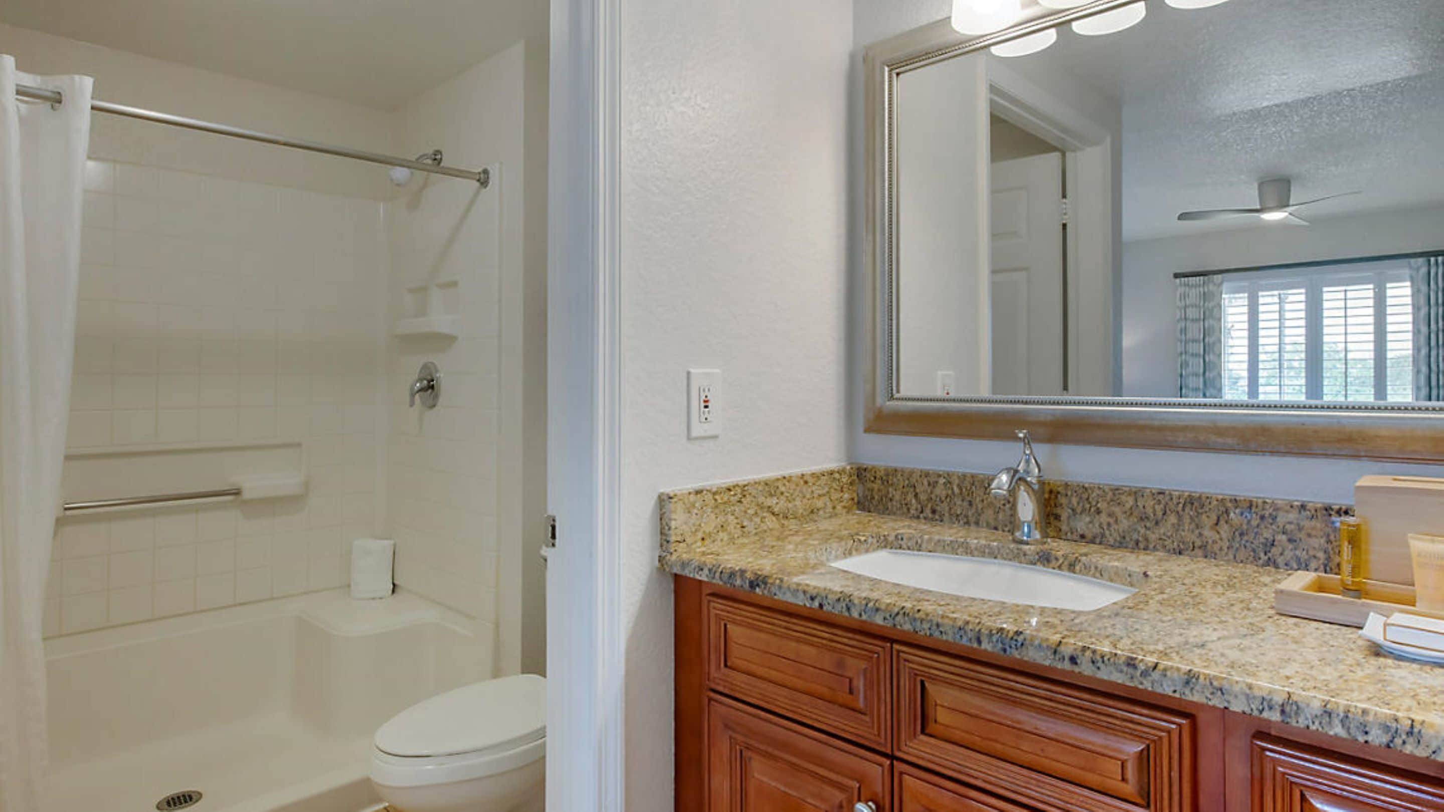 A bathroom with a shower, toilet, sink, and vanity with a mirror.