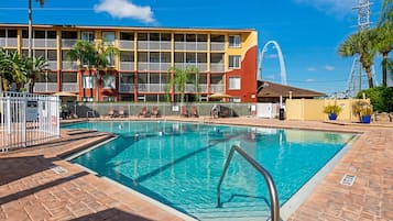 Outdoor pool, pool umbrellas, pool loungers