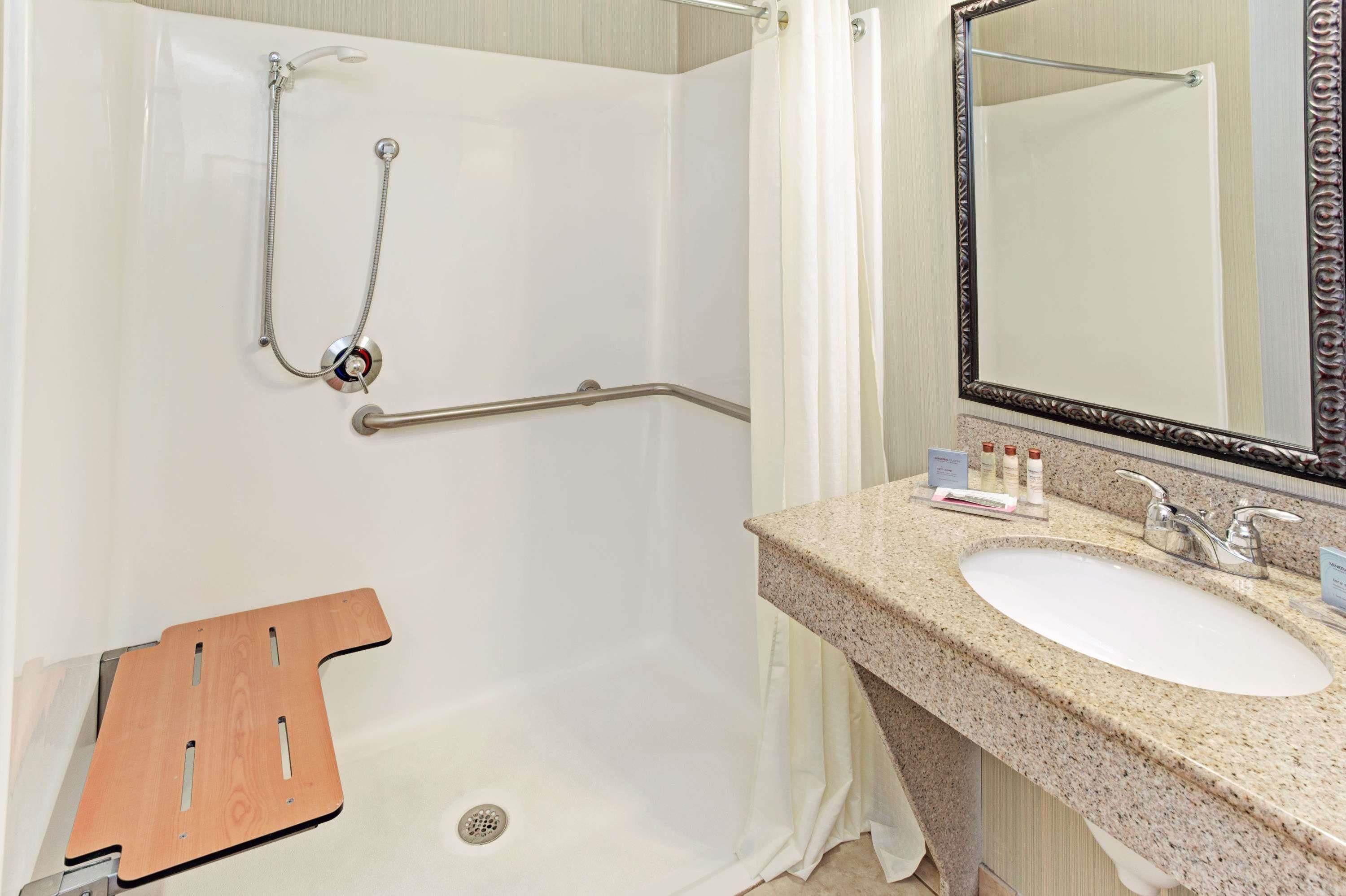 combined shower/bathtub, free toiletries, hair dryer, towels