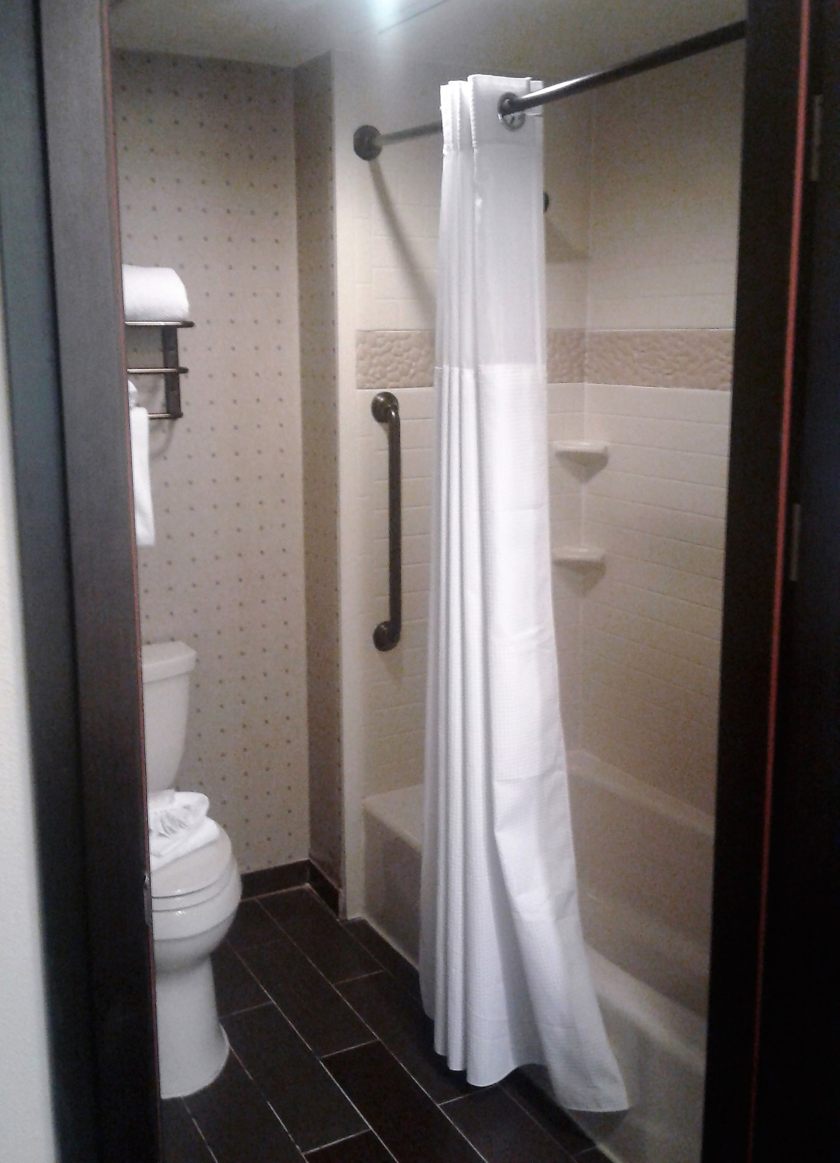 A bathroom with a toilet, a shower with a white curtain, and a grab bar.