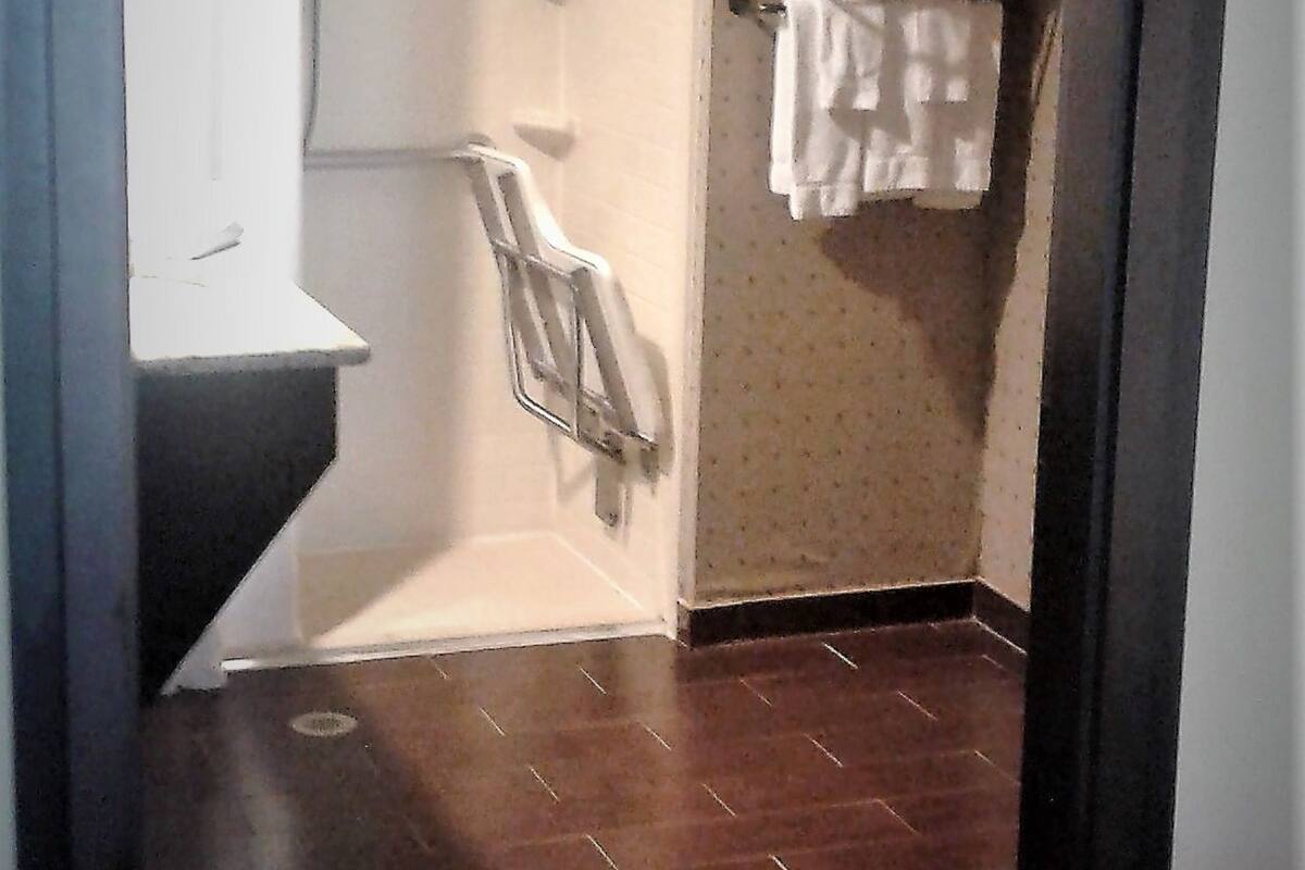 A bathroom with a dark wooden floor, a white sink, and a towel rack with two towels.