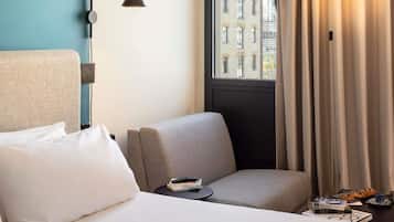 Premium bedding, desk, blackout curtains, soundproofing