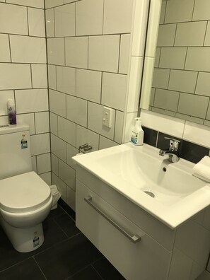 Un baño con inodoro blanco, lavamanos blanco con espejo arriba y un armario debajo.