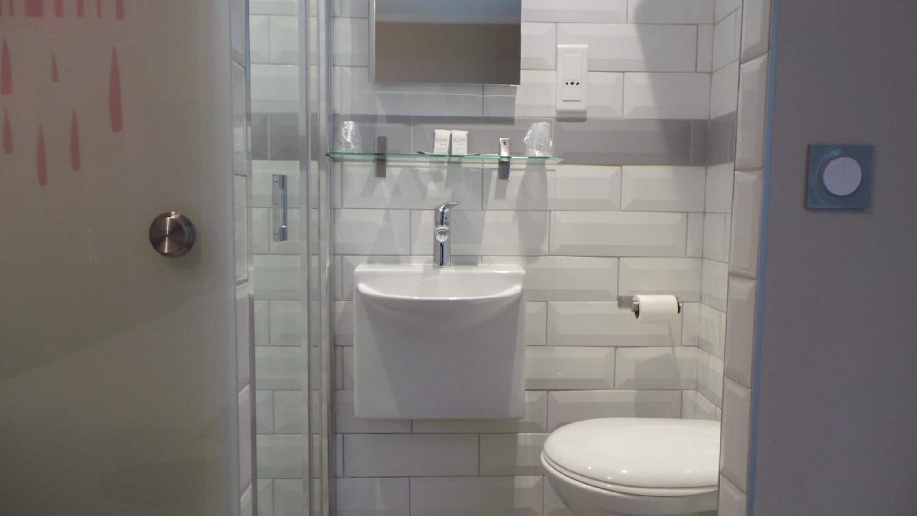 Une salle de bain moderne avec une douche à l’italienne en verre, un lavabo blanc et des toilettes.