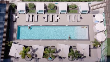 An aerial view of a rooftop swimming pool with lounge chairs, umbrellas, and palm trees.