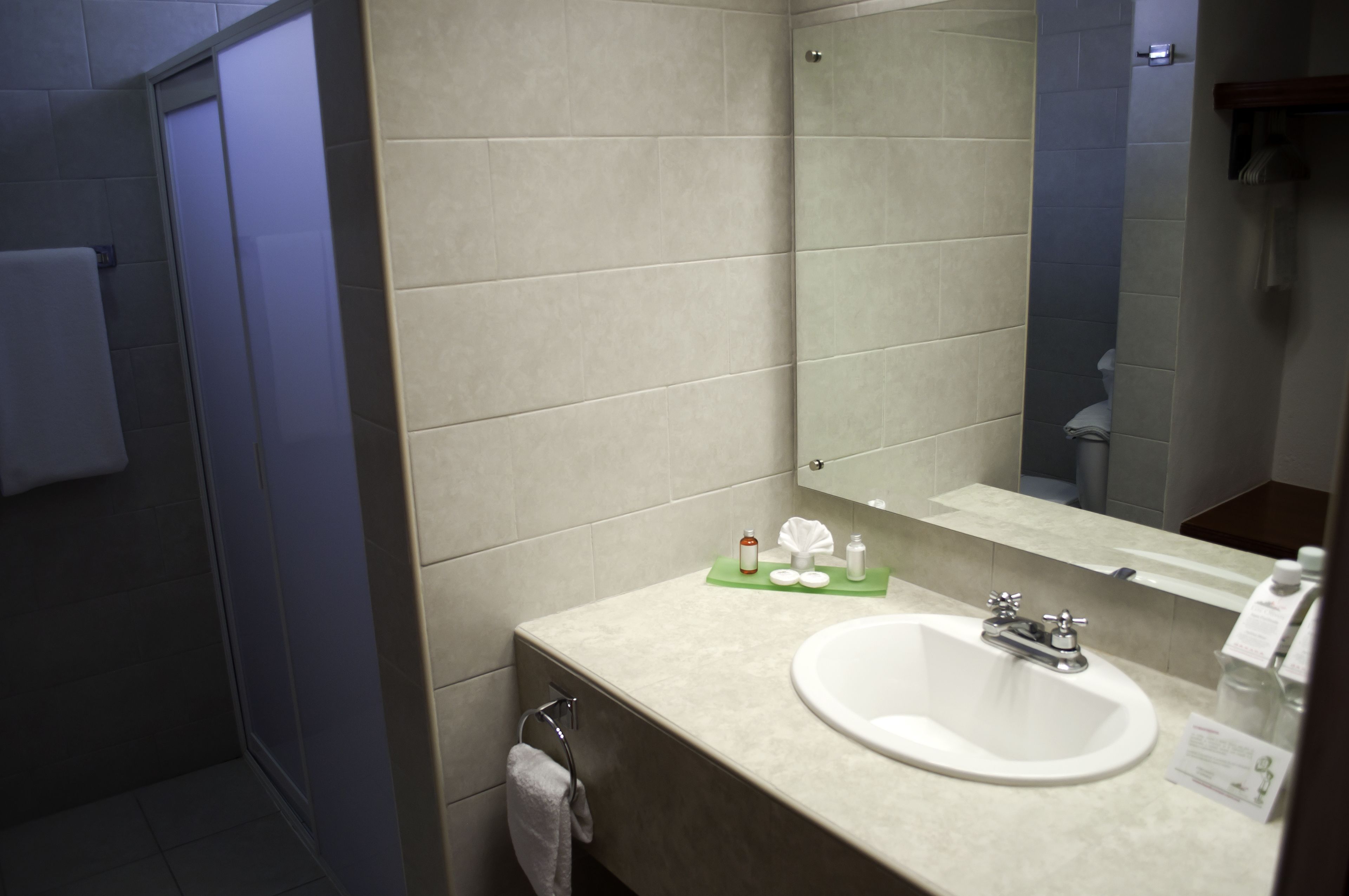 Une salle de bain moderne équipée d’un lavabo, d’un miroir et d’articles de toilette.
