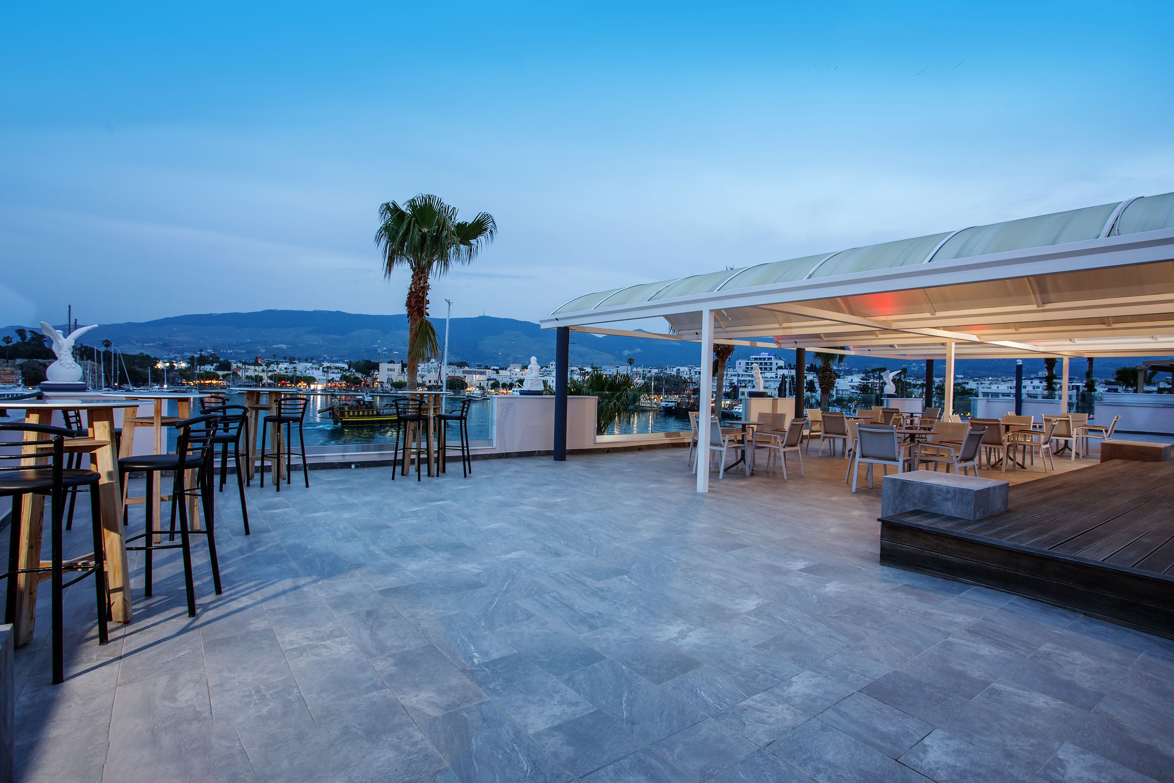 Une terrasse sur le toit avec des sièges extérieurs, une vue sur la ville et un palmier.