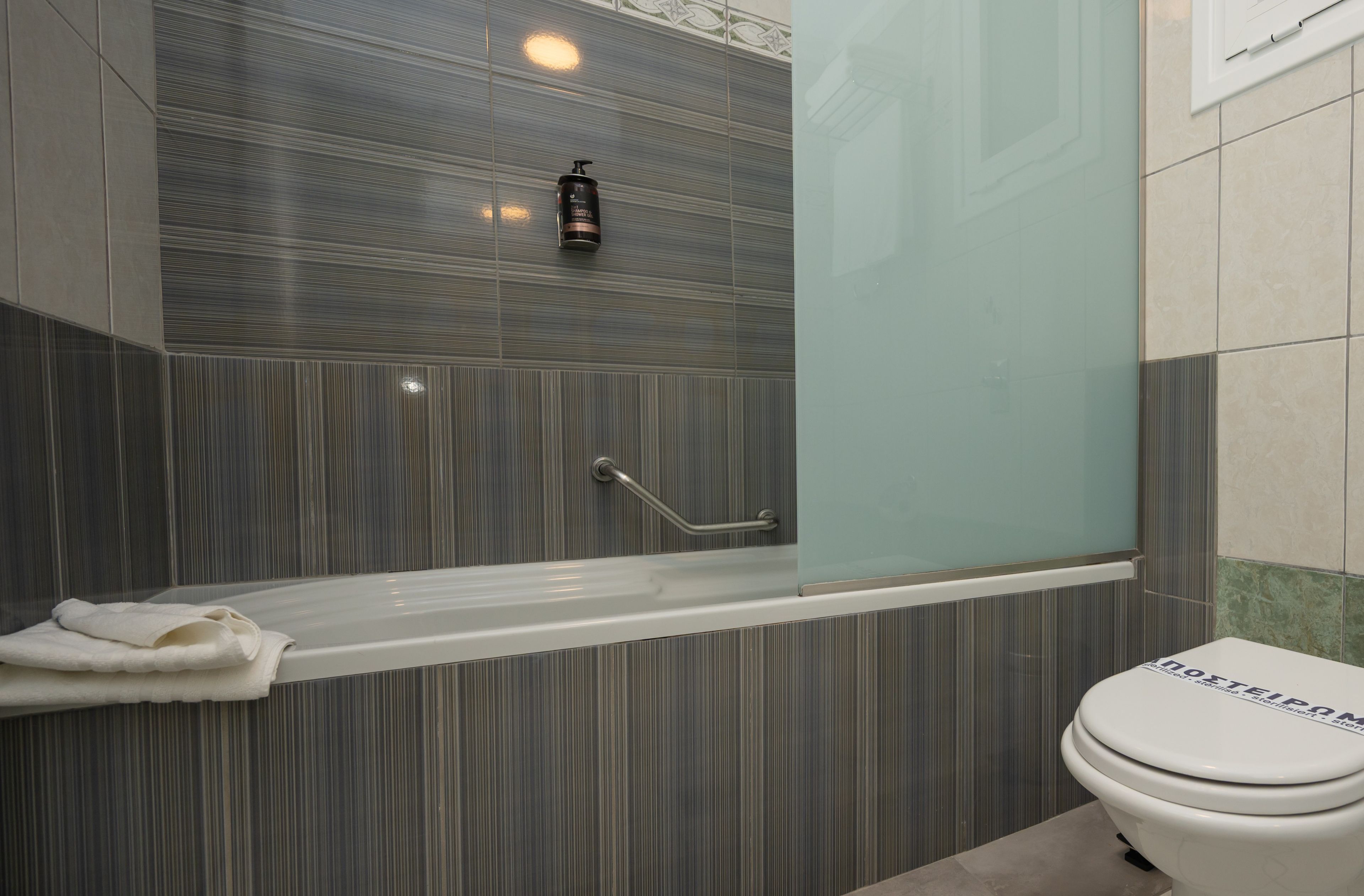 A modern bathroom with a glass-enclosed shower, a white bathtub, and a toilet.