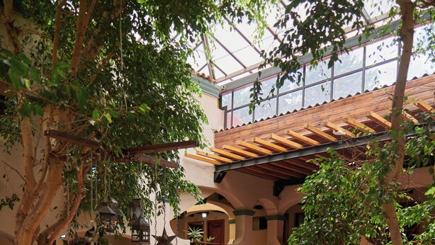 Un patio interior con mobiliario de mimbre, plantas en macetas y suelo de baldosas.