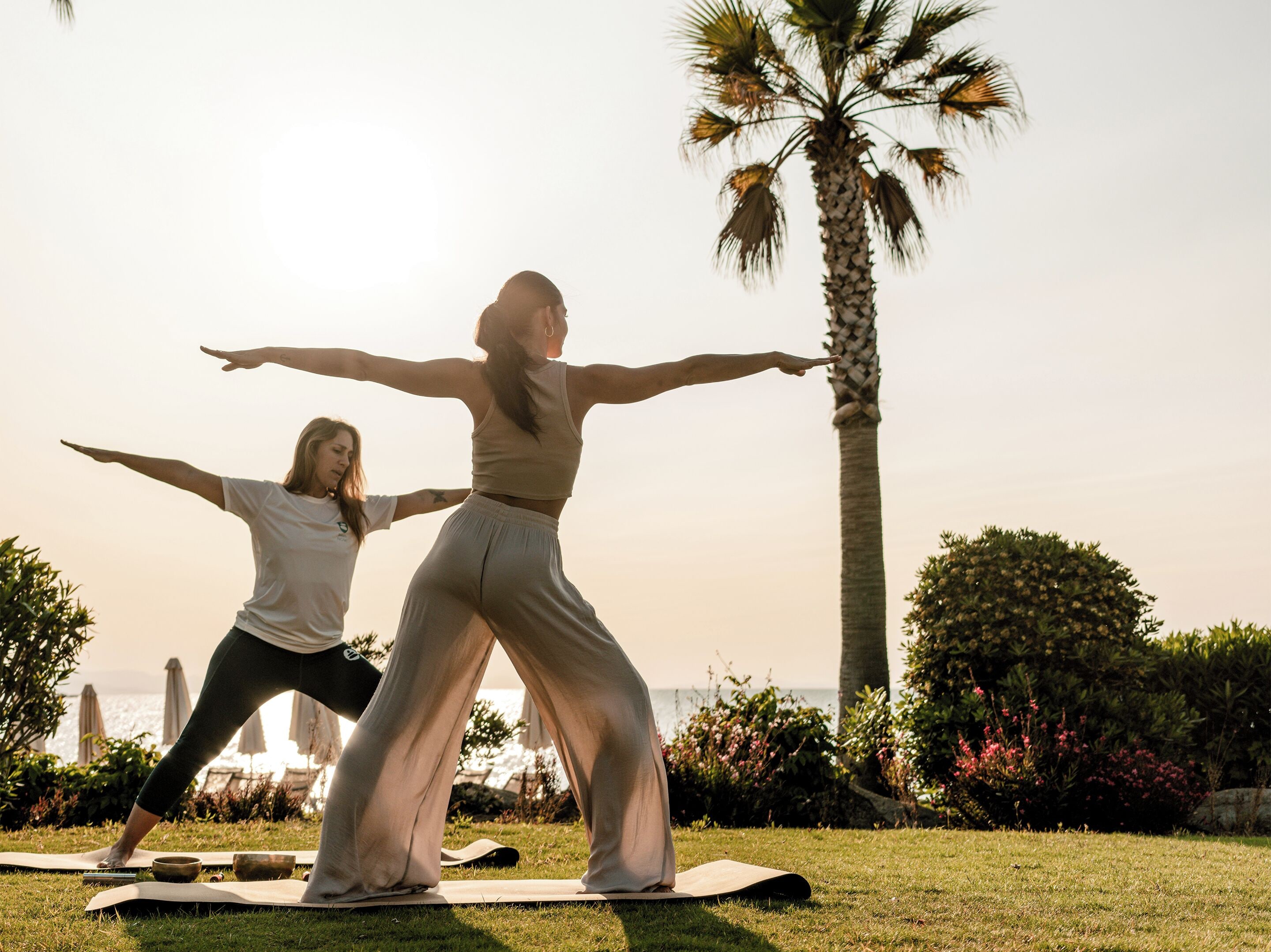 Dos personas practicando yoga al aire libre, con una palmera y una masa de agua al fondo.