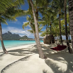 Relax in a serene beach setting with a hammock on the sand, overlooking the turquoise sea and a mountain peak in the distance.