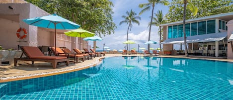 Outdoor pool, pool umbrellas, pool loungers