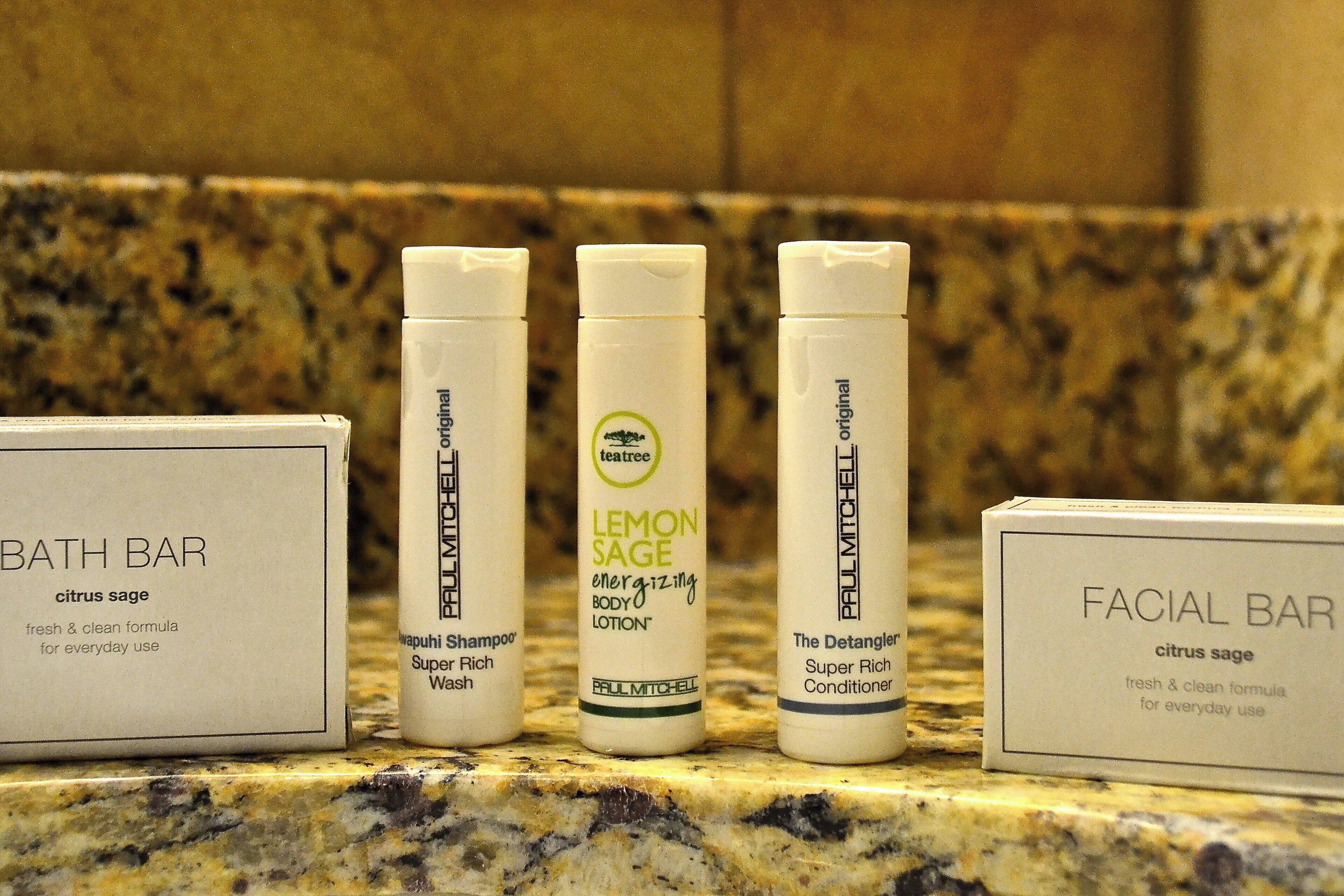 combined shower/bathtub, free toiletries, hair dryer