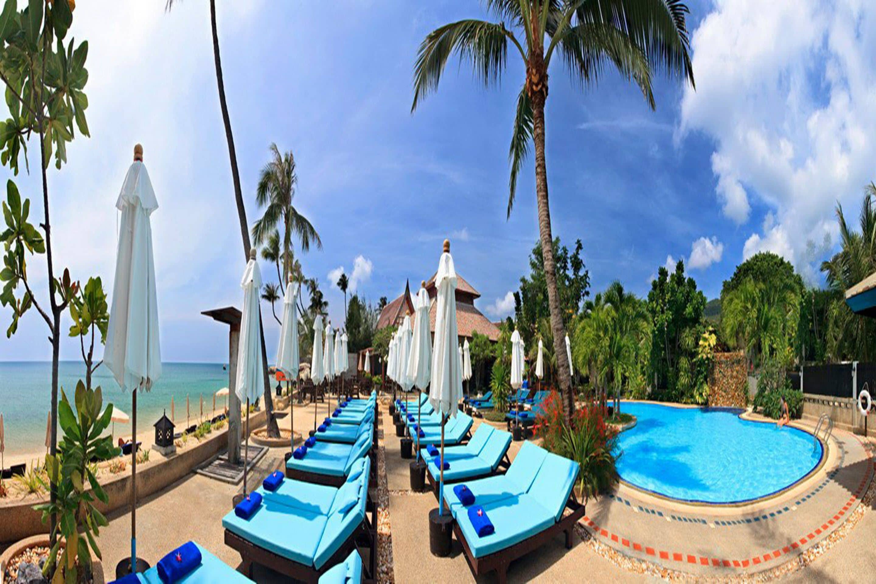Piscine extérieure, parasols de plage, chaises longues