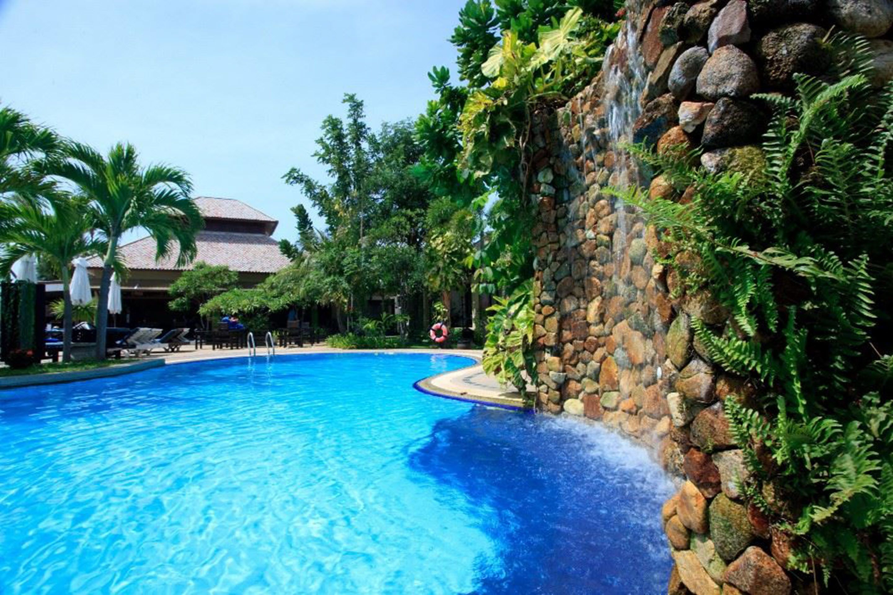 A swimming pool with a waterfall feature, surrounded by lush greenery and palm trees.