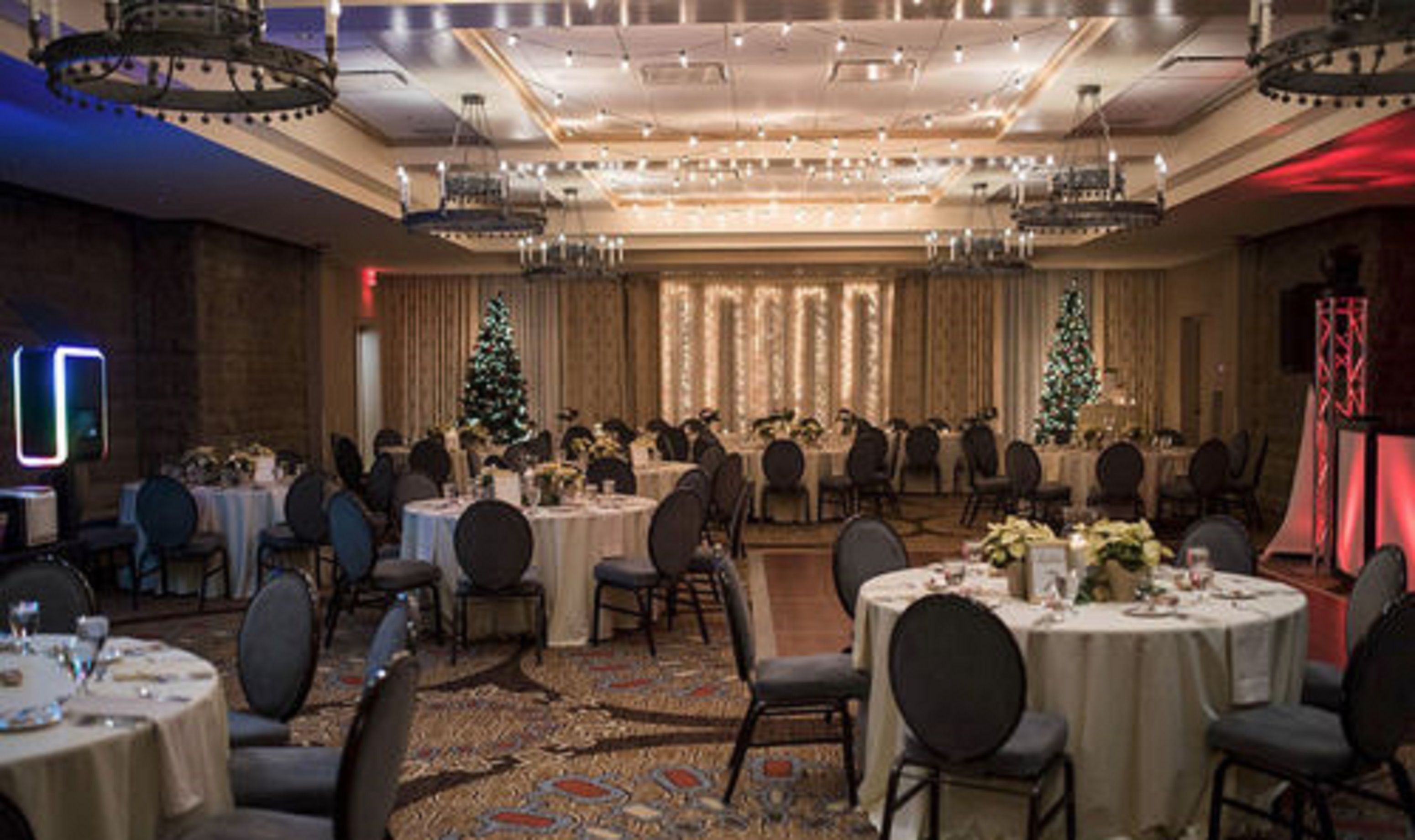 Un salón de banquetes con mesas redondas, sillas y árboles de Navidad.