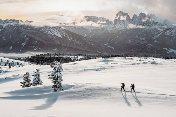 A snowy landscape with two people walking, mountains in the background, and a forested area. - Taubers Unterwirt (Velturno)