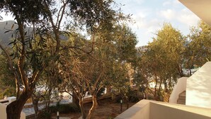 A courtyard with olive trees, a stone pathway, and a white building with a balcony. - Homer's Inn Hotel (Ios)