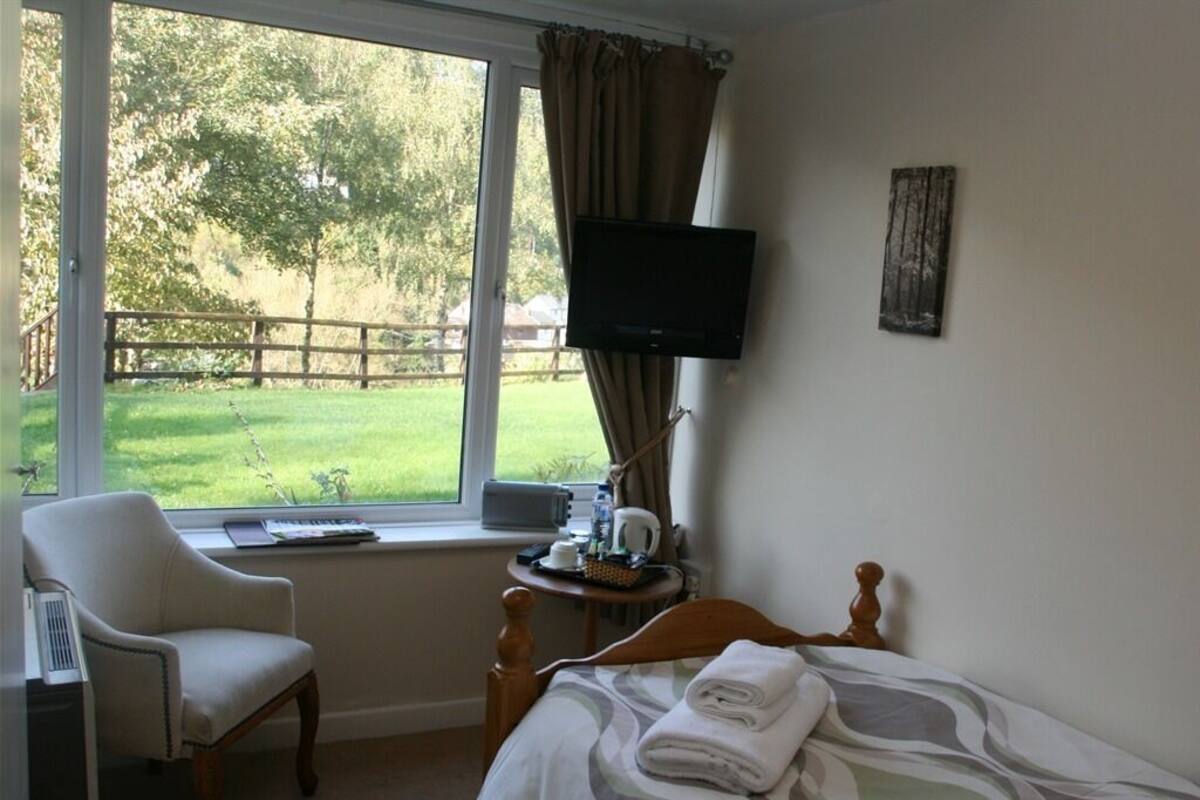 A hotel room with a bed, a chair, a television, and a window with a view of a grassy area.