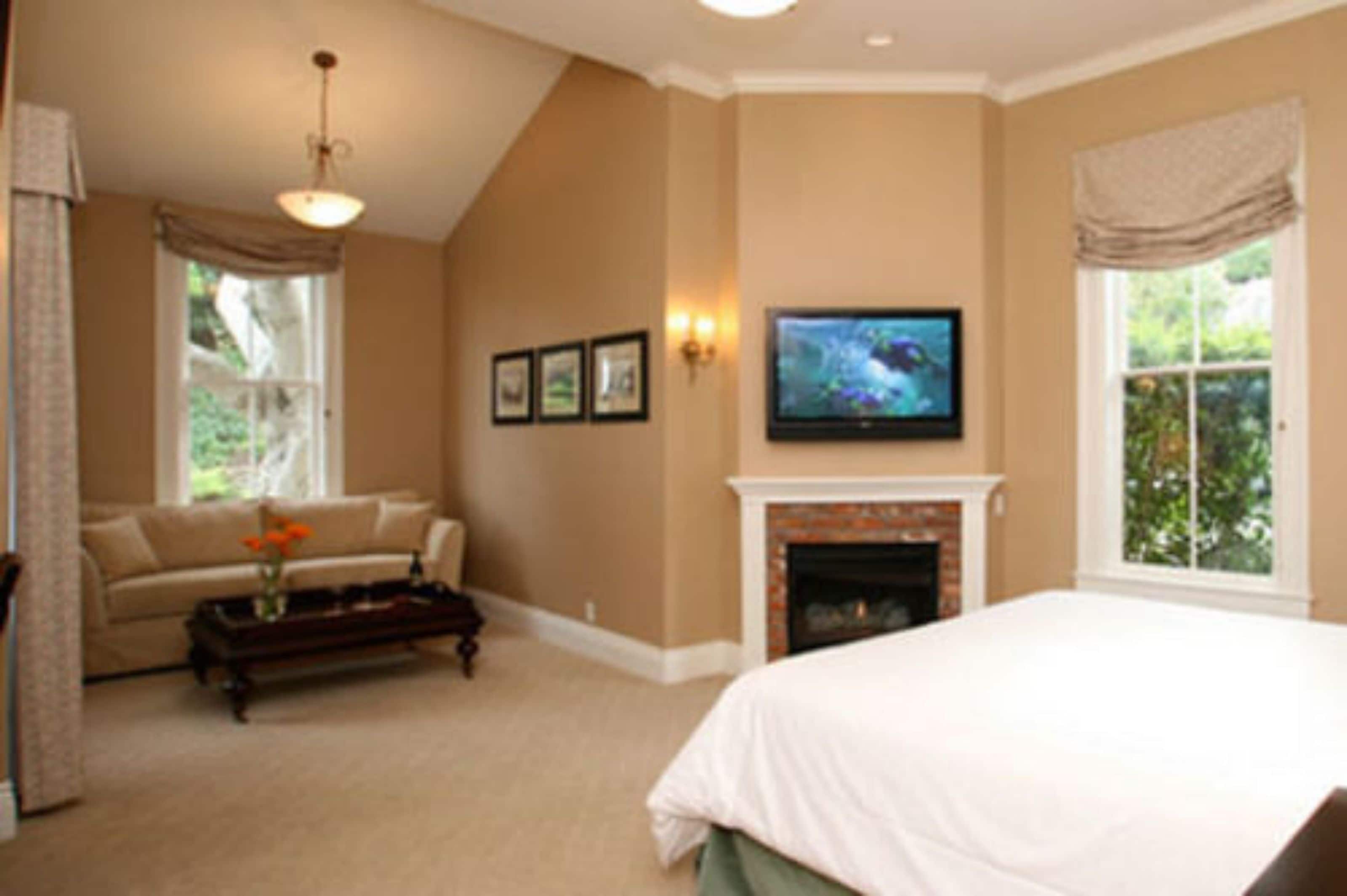 A bedroom with a bed, a television, a fireplace, and a sofa.