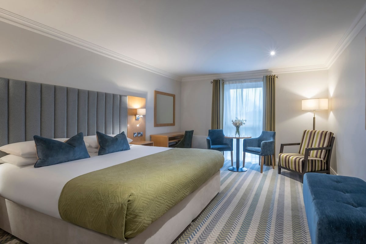 A hotel room with a large bed, a desk, a chair, a small table, and a TV.