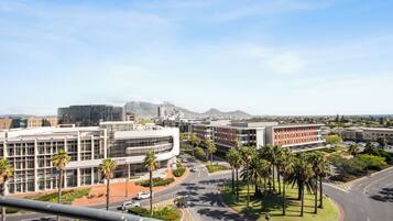 A modern urban landscape with buildings, roads, and palm trees.