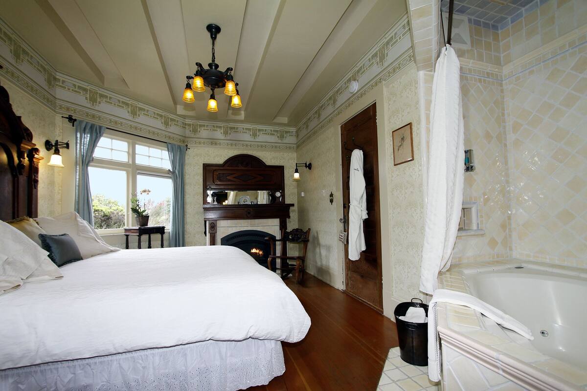 A bedroom with a large bed, a fireplace, a bathtub, and a view of the outdoors.