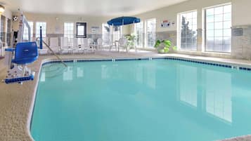 Indoor pool, open 8:00 AM to 10:00 PM, sun loungers