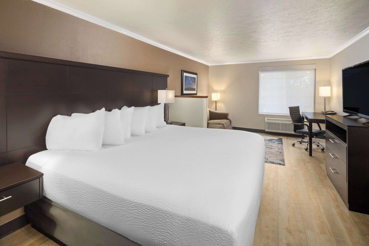 Ein Hotelzimmer mit einem großen Bett, einem Schreibtisch mit Stuhl, einem Fernseher und einem Fenster.