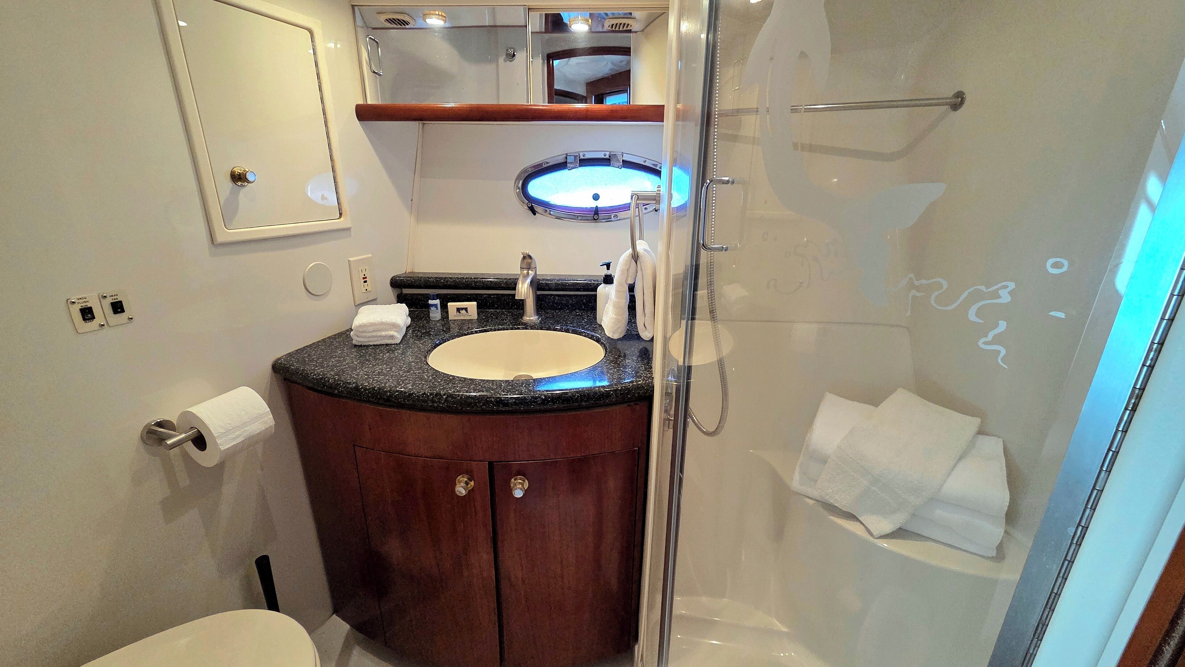 Une salle de bain avec un lavabo en marbre, un miroir, des toilettes et une douche.