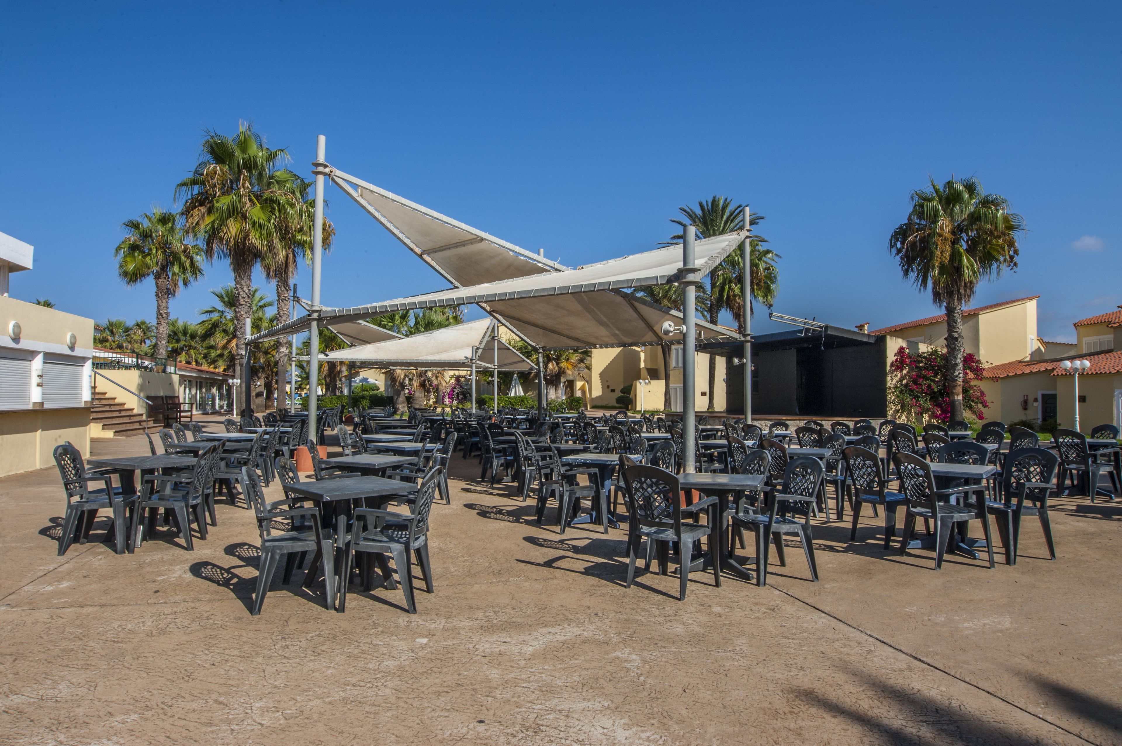 Een terras met tafels en stoelen, omgeven door palmbomen en gebouwen.