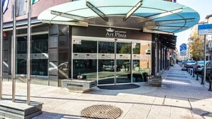 An Art Plaza Hotel with a modern glass facade, a covered entrance, and a clear view of the street.