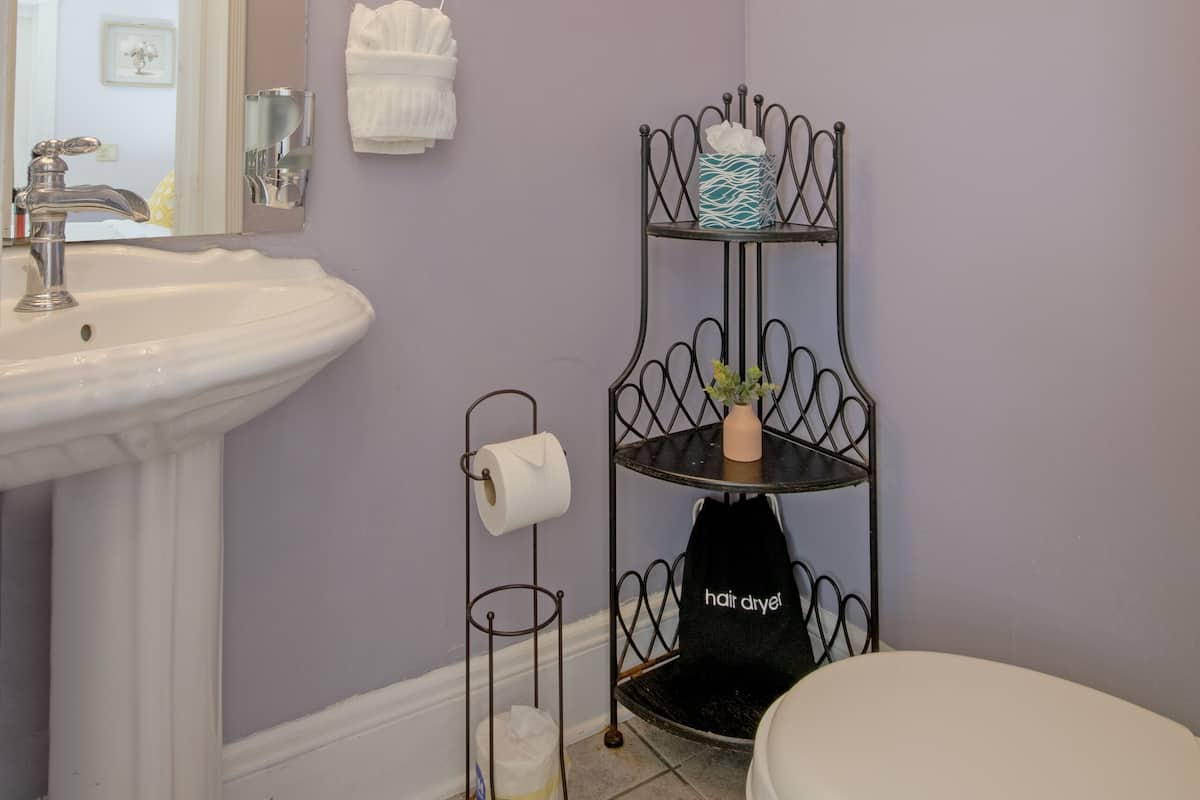 A bathroom with a sink, toilet, and a hair dryer shelf.