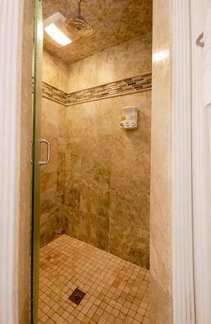 Shower area features a ceiling-mounted showerhead and a control panel on the wall, surrounded by a glass door.