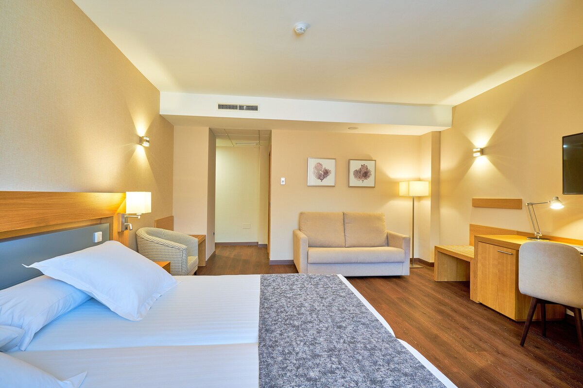 Una habitación de hotel con cama, escritorio, silla, sofá y televisor.